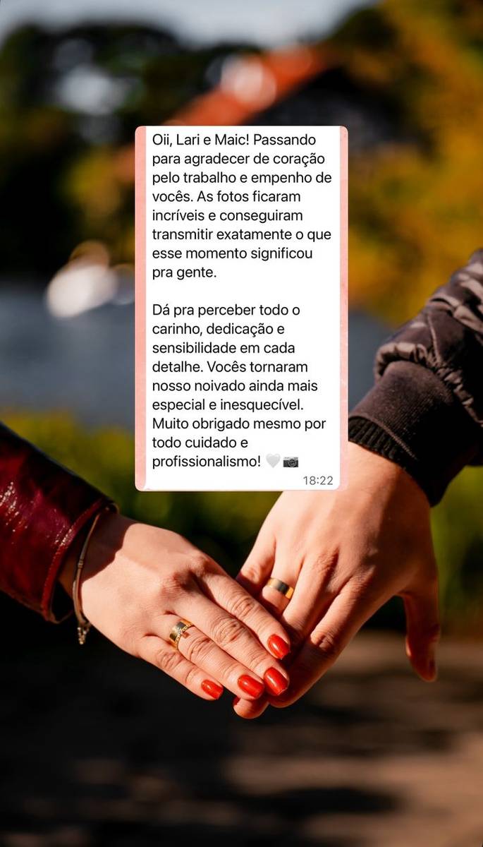 Mensagem de agradecimento de casal após ensaio de noivado em Gramado