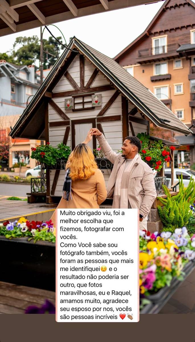 Mensagem de cliente sobre ensaio de casal em Gramado